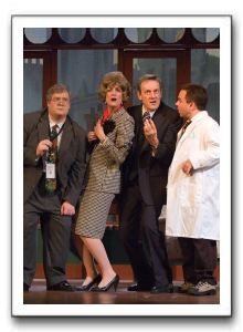 Jeffrey Clark as Dr. Hubert Bonney, Rachel Hubbard as Rosemary Mortimore, Mark Lee Adams as Dr. David Mortimore, and Brian Clarke as Dr. Mike Connolly