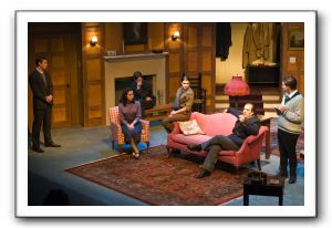 Arden Moscati, far right, as Detective Sergeant Trotter, interrogates various suspects at Monkswell Manor. From left, Patrick Smith as Major Metcalf,
