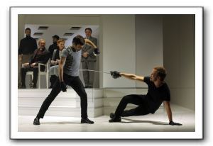 Laertes (Justin Adams) and Hamlet (Graham Michael Hamilton) in an ill-fated duel in the final scene of Hamlet.