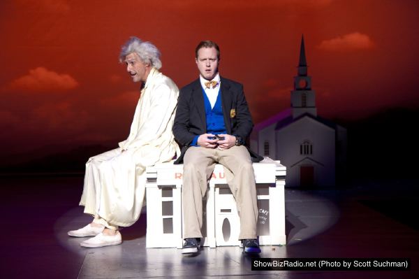 Professor Von Golum (Thomas Adrian Simpson) commiserates with his old nemesis, Billy Argo (Stephen Gregory Smith)
