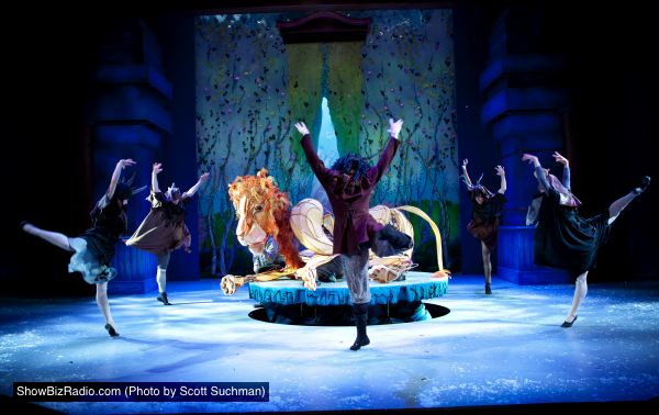 Maugrim the Wolf (Dylan Keane - center)  and the White Witch's minions taunt Aslan