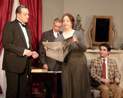 Mark Lee Adams (Sir Wilfred Robarts, QC), John Barclay Burns (Mr. Mayhew), Elisabeth Richters (Greta), and Russell Silber (Leonard)