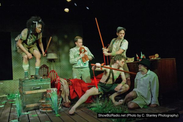 (Above) Maya Jackson (Nibbs), Adam Downs (Tootles), Nathaniel Mendez (Slightly), (Below) John Evans Reese (Peter Pan) and Joshua Rosenblum (John Darli