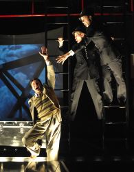 Jason Lott & Evan Casey portray over 100 characters while chasing in their pursuit of Richard Hannay (Jeffries Thaiss)