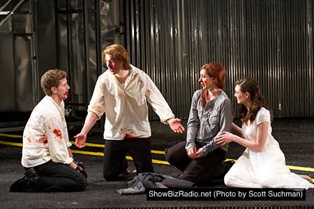 Nick Dillenburg as Proteus, Andrew Veenstra as Valentine, Miriam Silverman as Julia and Natalie Mitchell as Silvia