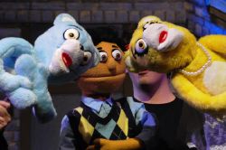 Tom Flatt (Boy Bad Idea Bear), Devon Ross (Princeton), and Katy Chmura (Girl Bad Idea Bear)