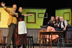 David Carter as Einstein, Annie Ermlick as Germaine, Melissa Dunlap as Suzanne, Stu Fischer as Freddy and Joseph LeBlanc as Gaston. Einstein explains his theory of relativity to Germaine, the barmaid.