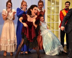 Famed Parisian can-can dancer 'The Shrimp' (Catherine Ariale) shocks the French provincials (Bonnie McClellan, Maggie Rabe, Emily Becker, Mallory Astrow and Alex Nelson) by flashing her drawers