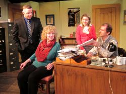 Mike Braschi (Chris Hawkins), Tina Fike (Linda Hirsch), Heidi Bishop (Emily Sucher), and Jim Foley (Nick Sampson) discuss aspects of Tina's new play
