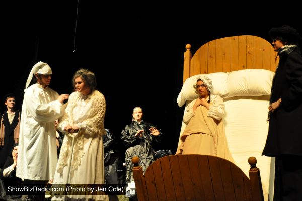 Brian Long (Mendel), Jimmy Mullen (Teyve), Teresa Cummings (Grandma Tzeitel), Jessica Sydow (Villager), Sabrina Morales (Golde), and Jacob Curran (Rabbi)